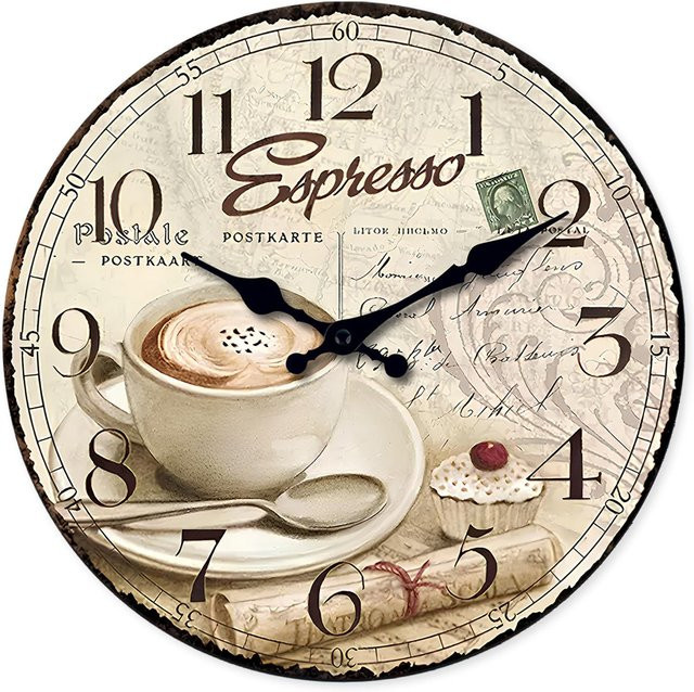 Linyi Toy Retro Wanduhr in Holzoptik mit Kaffee-Muster, Rund, Beige, Durchmesser: 35,56 cm - Bild 1