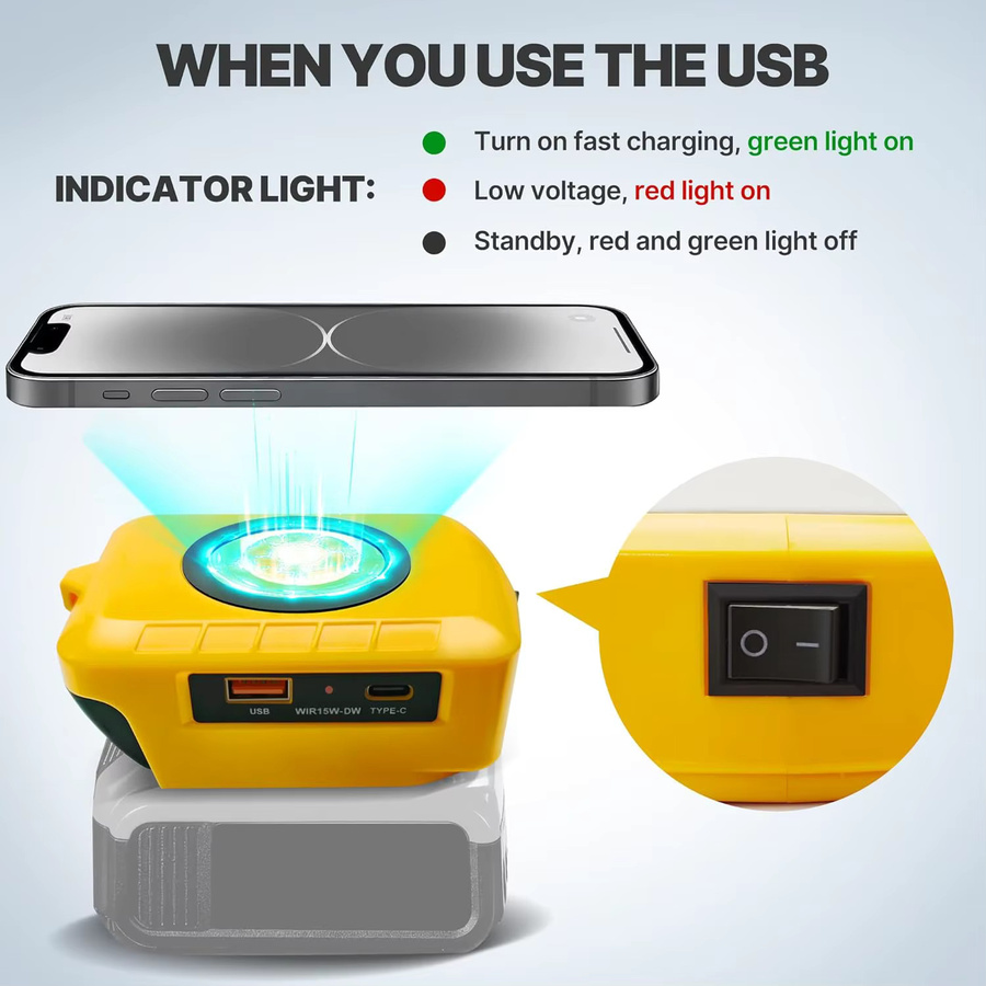 Dewalt Kabelloser Ladegerät-Adapter für 20 V Akku mit USB-C und USB 2,1 A Schnellladeanschlüssen, 15 W max., Gelb - Bild 3