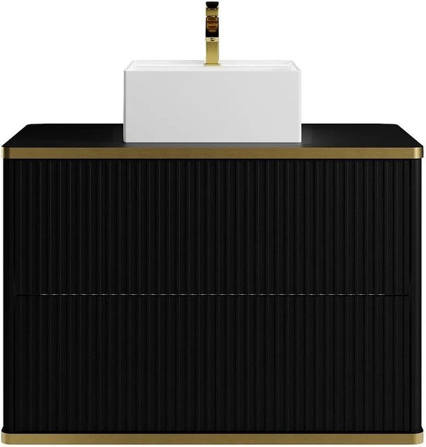 Vente-unique Einzelwaschtisch Keliza in Schwarz mit Gold und Streifenoptik, Breite: 80 cm - Bild 1