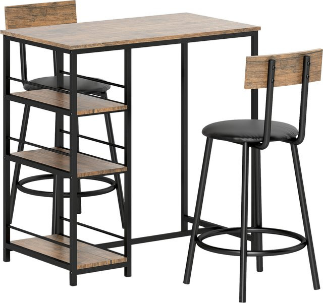 HOMCOM Bartisch mit Barhocker Set, 3-tlg. Essgruppe im Modern-Stil aus Stahl und Eiche, Farbe Braun - Bild 1