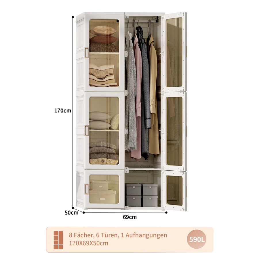 FEEOHOME Kleiderschrank faltbar in Weiß mit magnetischen transparenten Türen, B/T/H: 69 x 50 x 170 cm - Bild 2