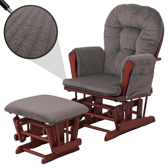MCW Relaxsessel C76 Schaukelstuhl mit Hocker aus Cord in Dunkelgrau mit Massivholzgestell - Bild 1