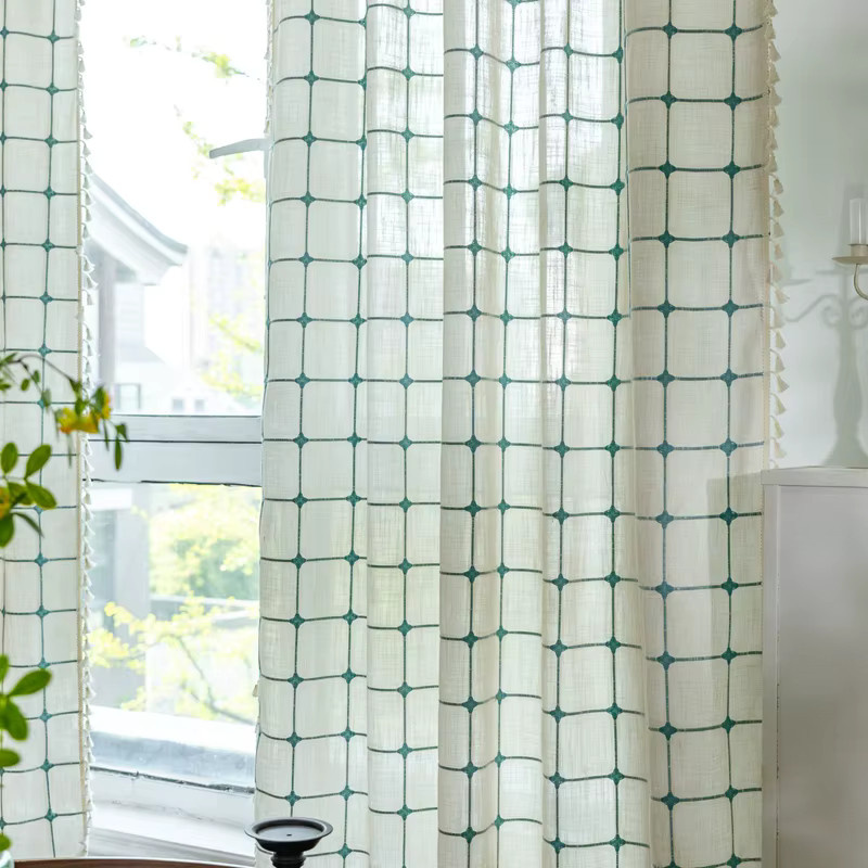 Mehrfarbiger Plaid Vorhang mit Stickerei im Boho-Stil für Schlafzimmer und Wohnzimmer, halbtransparent - Bild 2