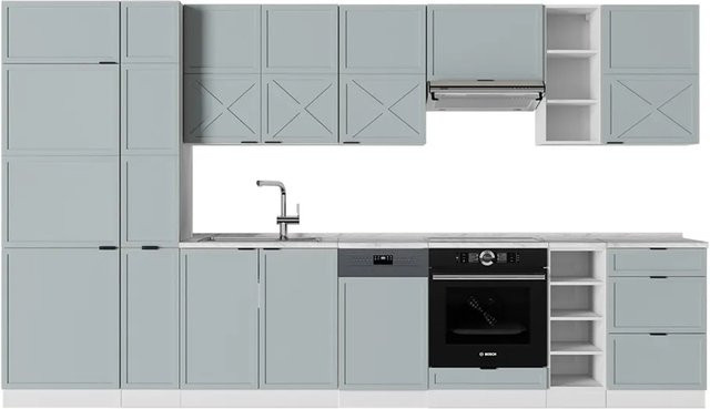 Vicco Fame-Line Küchenzeile in Hellblau-Grau/Weiß mit Marmor-Optik, Breite: 355 cm - Bild 1