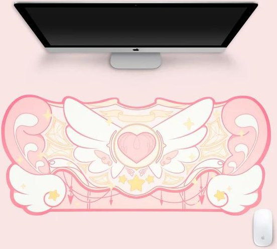 Mairuige SAKURA HEART Mauspad XXL in Pink, extra große Kawaii Gaming-Schreibtischunterlage mit dunklen Sternflügeln und rutschfester Unterseite - Bild 1
