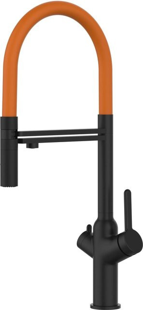 VIZIO Küchenarmatur mit 4-Wege-Wasserhahn, Einhebelmischer mit 360 Grad schwenkbarem Auslauf und abnehmbarer 2-Strahl Handbrause, Schwarz Matt mit Orange - Bild 1