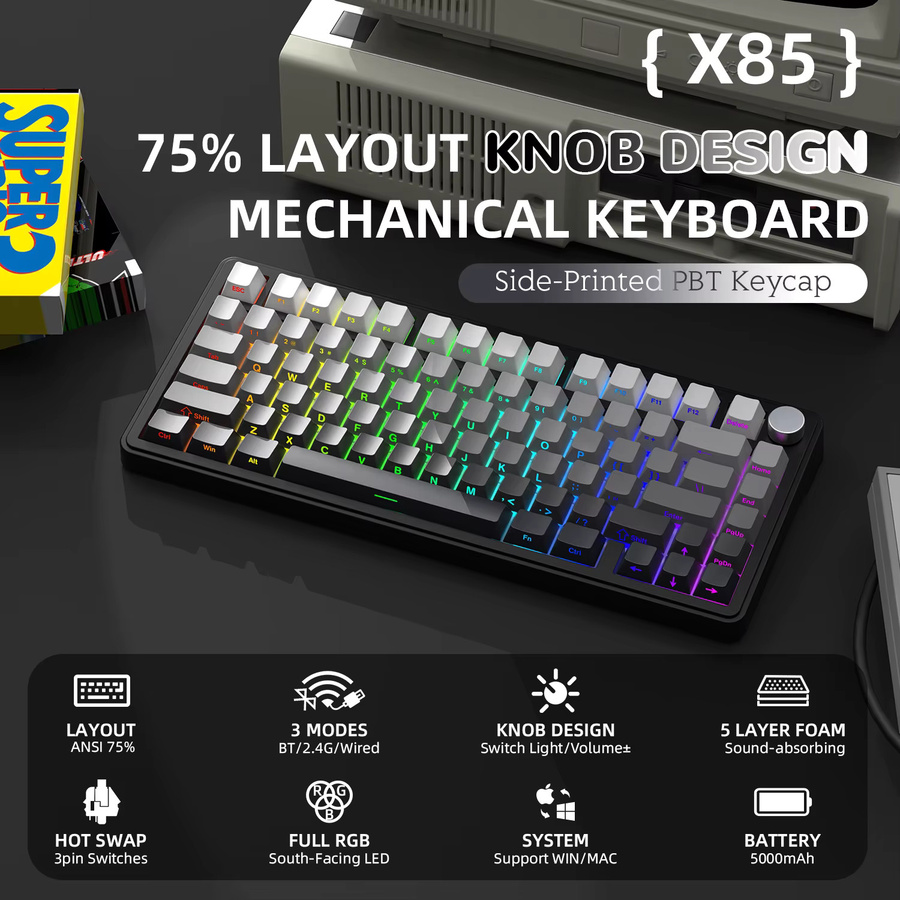 ATTACK SHARK X85 Tri-Mode Mechanische Tastatur 75 % mit CNC-Knopf, RGB-Hintergrundbeleuchtung und Hot-Swap in Weiß-Lila - Bild 2