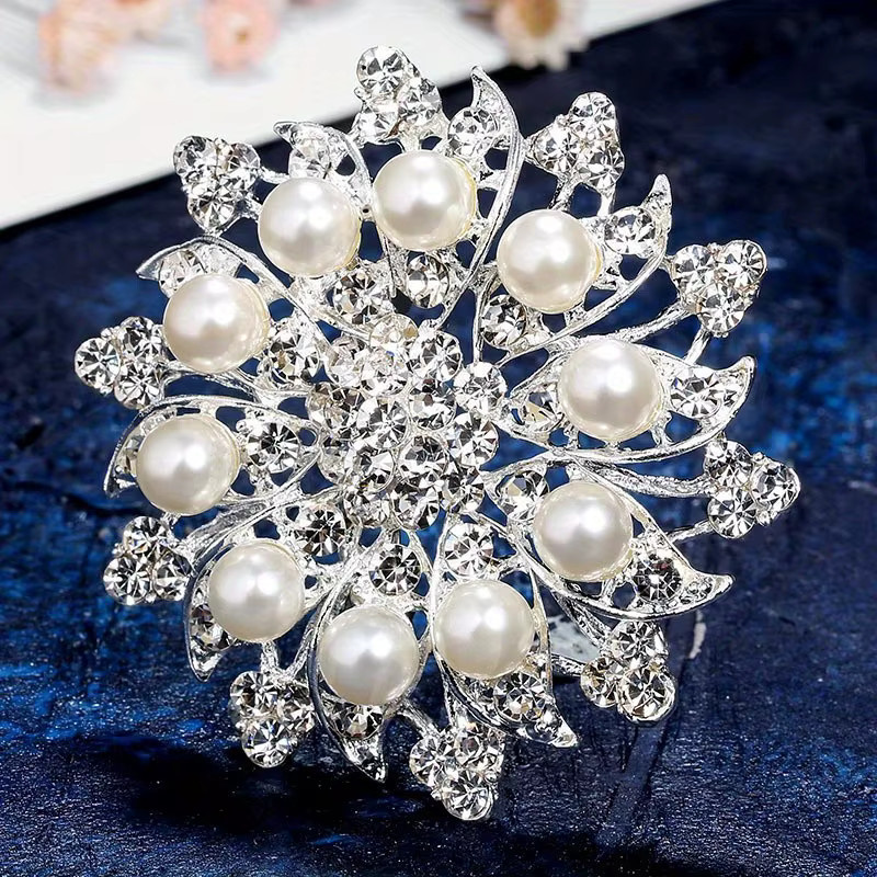 shmik Brosche Blume, Metall, Silber, Perle, Kristall, Damen - Bild 2
