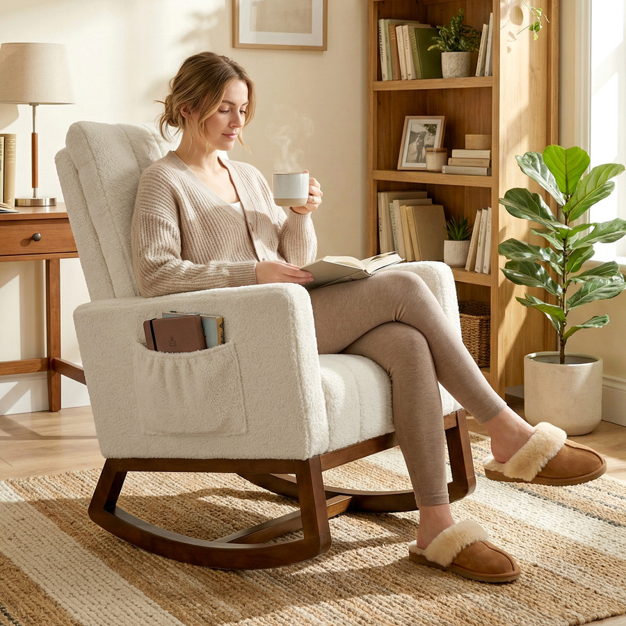 HOMCOM Schaukelstuhl aus Snow-Flanell mit Hevea-Holzgestell und Lendenkissen in Creme/Beige - Bild 2
