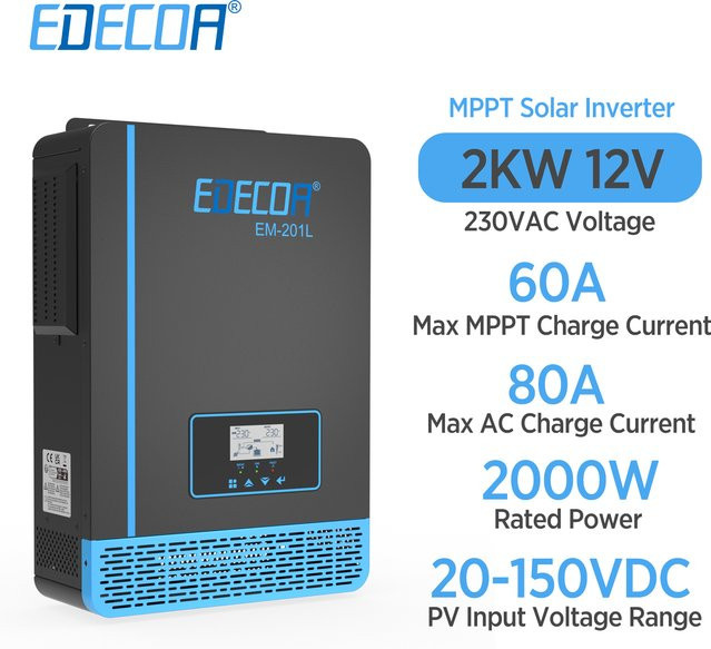 EDECOA Solar-Hybrid-Wechselrichter 2000 W mit MPPT 60 A Solarladegerät, reiner Sinus, 12 V auf 220 V/230 V, PV 20 V-150 V - Bild 1