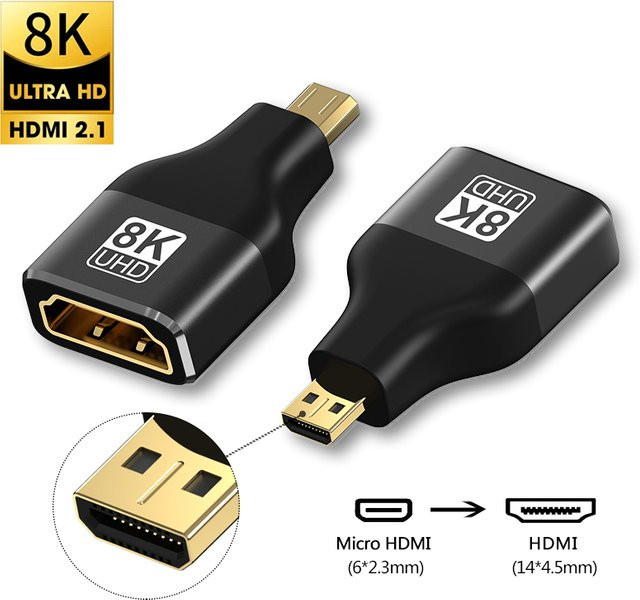 Micro HDMI auf HDMI 2.1 Adapter in Schwarz für Sony Projektoren und Kameras, unterstützt 8K 60Hz und 4K 120Hz - Bild 1