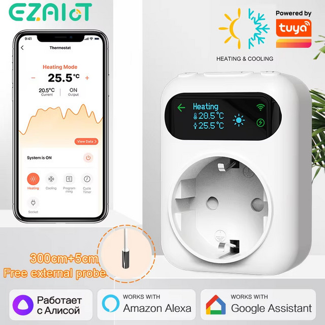 EZAIOT Tuya WIFI Digital Thermostat Steckdose mit 3M NTC Sensor, 16A Temperatur Controller und Timer, Farbe: Weiß - Bild 1