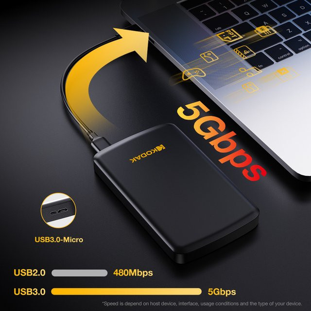 Kodak P150 Externe Festplatte 1 TB, 2,5 Zoll HDD mit USB 3.0 und USB-C, Schwarz - Bild 1