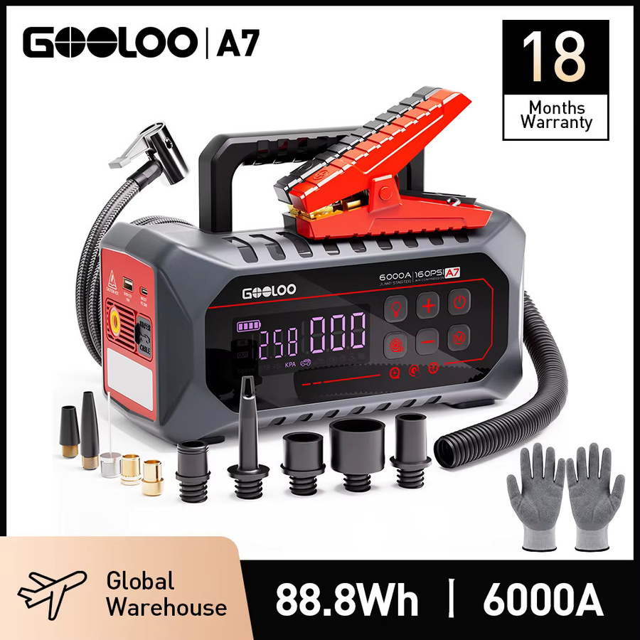 GOOLOO Tragbare Starthilfe-Powerbank mit 24000mAh und 160PSI Luftpumpe, 12V Auto-Booster für Benzin- und Diesel-Fahrzeuge, Schwarz - Bild 2
