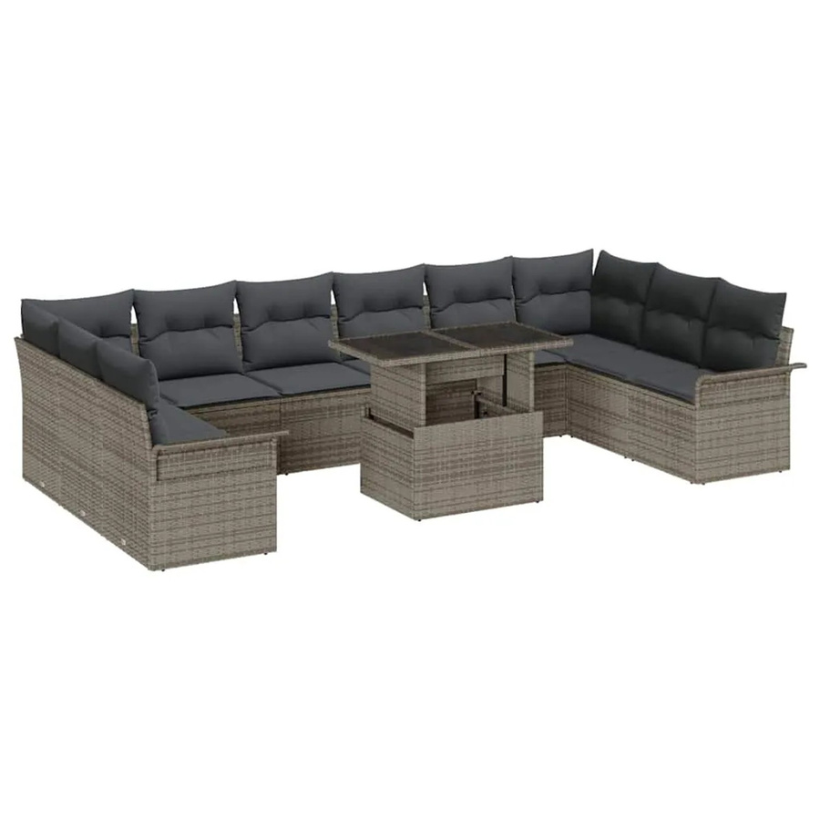 vidaXL Garten-Sofa-Set aus Polyrattan in Grau mit Kissen, 11-teiliges Lounge-Set in U-Form - Bild 2