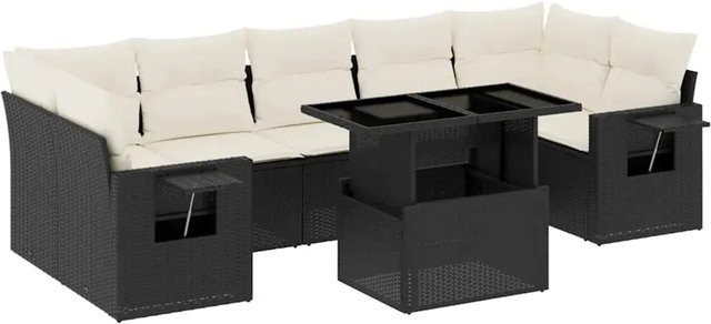 vidaXL 8-teilige Garten-Sofagarnitur in L-Form aus Polyrattan mit Kissen und Couchtisch in Schwarz - Bild 1
