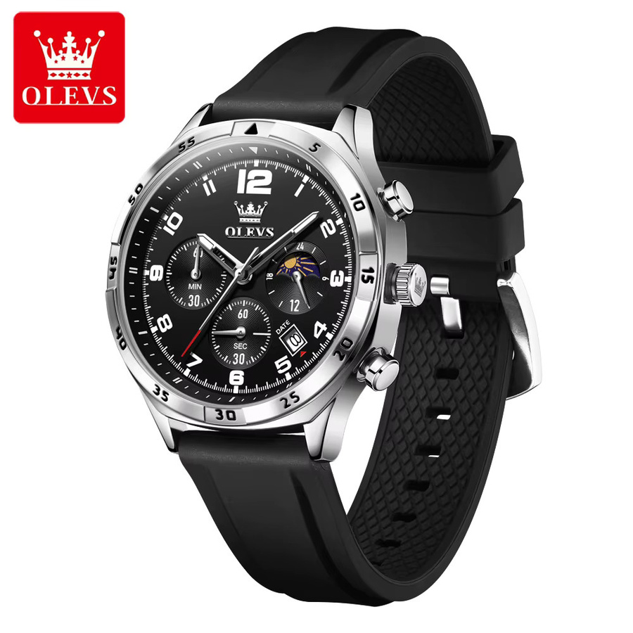 OLEVS Herrenuhr, Quarz, Mondphase, Datum, 42 mm, Silikonarmband, Schwarz - Bild 7