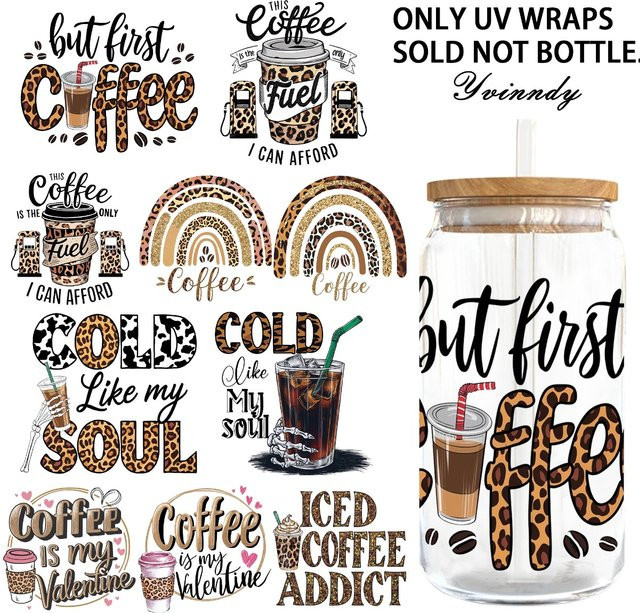 4er Set UV DTF Transferfolien mit Leopardenmuster in Hellbeige für deine DIY Kaffeebecher selbstklebend - Bild 1