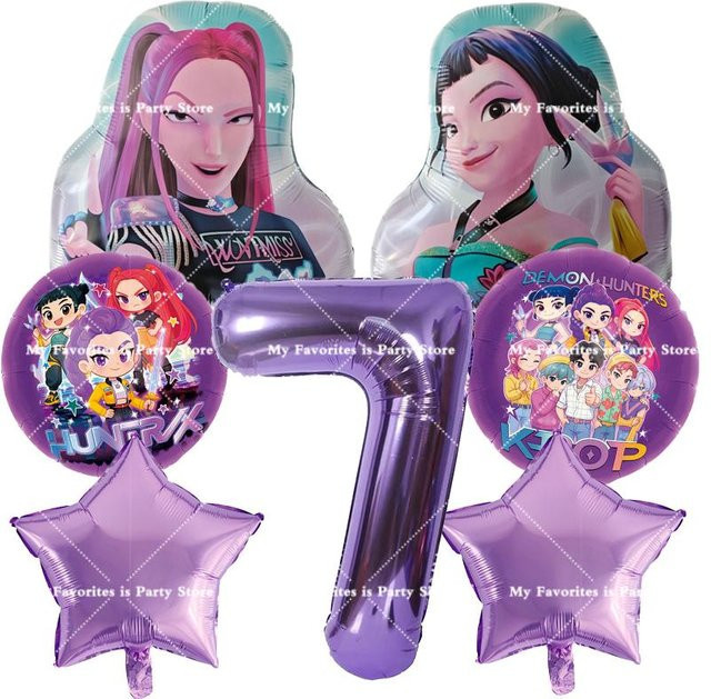 Yiran toy 1 Kpop Dämonenjäger Geburtstag Ballon Set mit Zahlenballons und Cartoon Folienballons in Lila - Bild 1