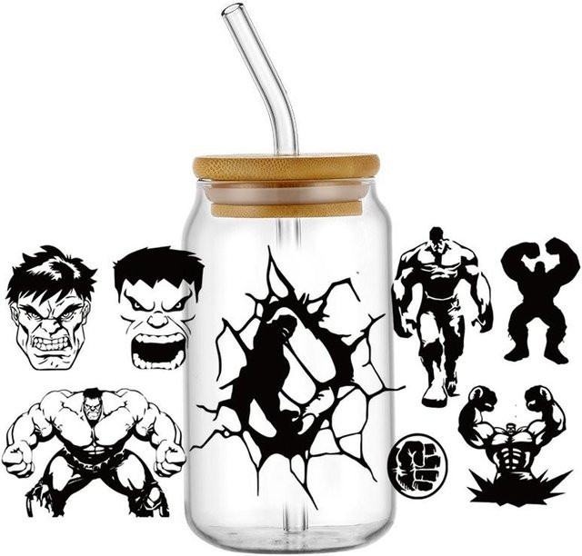 Binchi Outdoor Product Hulk UV DTF Wasserdichter Transfer Aufkleber für 16oz Libby Gläser in Schwarz - Bild 1