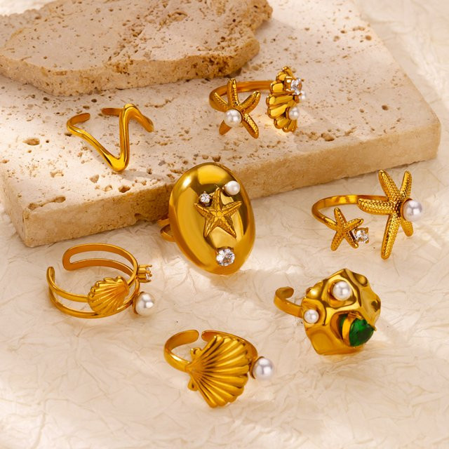 HPTOTMG Ring Edelstahl, goldfarben, Zirkonia, Damen, Seestern, Muschel - Bild 1