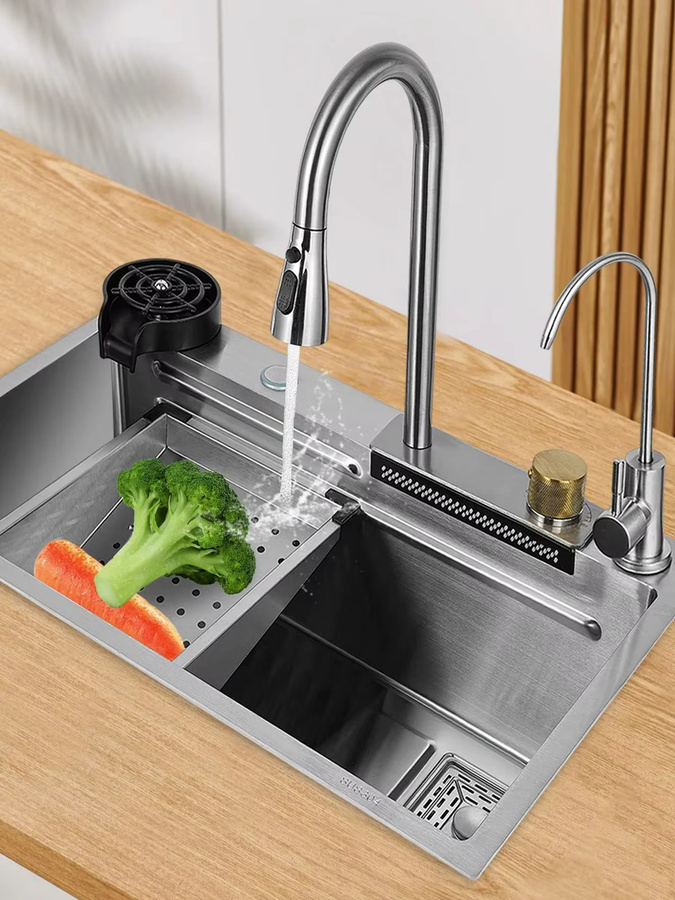 Bymaocar Küchenspüle in Silber mit Wasserhahn-Becherwascher und 4-Wasserauslassmodi - Bild 5