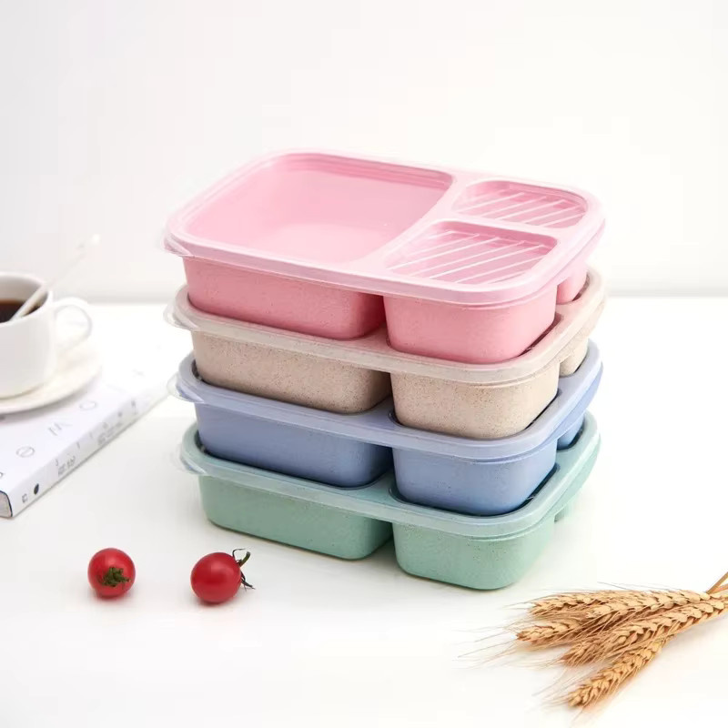 Tragbare Bento-Box Lunchbox aus Weizenstroh mit Fächern, mikrowellengeeignet, Farbe: Grün - Bild 2