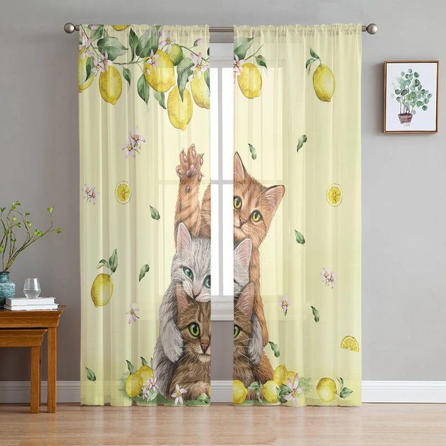 Transparenter Tüllvorhang mit Karomuster in Gelb, ideale Dekoration für Wohnzimmer und Küche, B: 135 cm, H: 115 cm - Bild 1