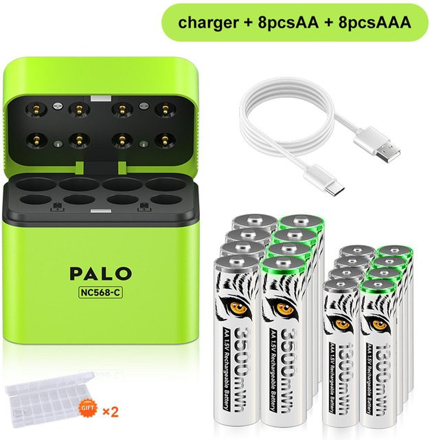PALO Lithium-Ionen-Akku Set mit 8-Schacht Schnellladegerät: 8 AA 1,5V 3500mWh und 8 AAA 1,5V 1300mWh Akkus mit USB-C Ladestation in Weiß und Grün - Bild 1