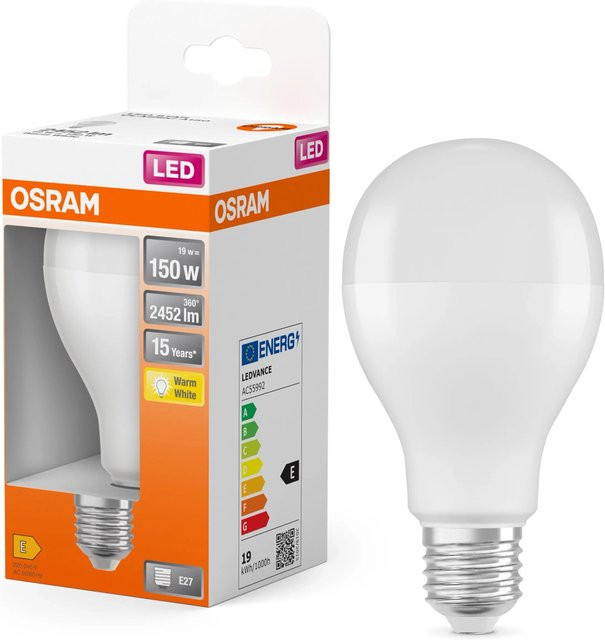 Osram LED Leuchtmittel E27 A60 Glühbirnenform, 19 W entspricht 150 W, Warmweiß, 2452 Lumen, Höhe: 12,9 cm, Durchmesser: 6,8 cm - Bild 2