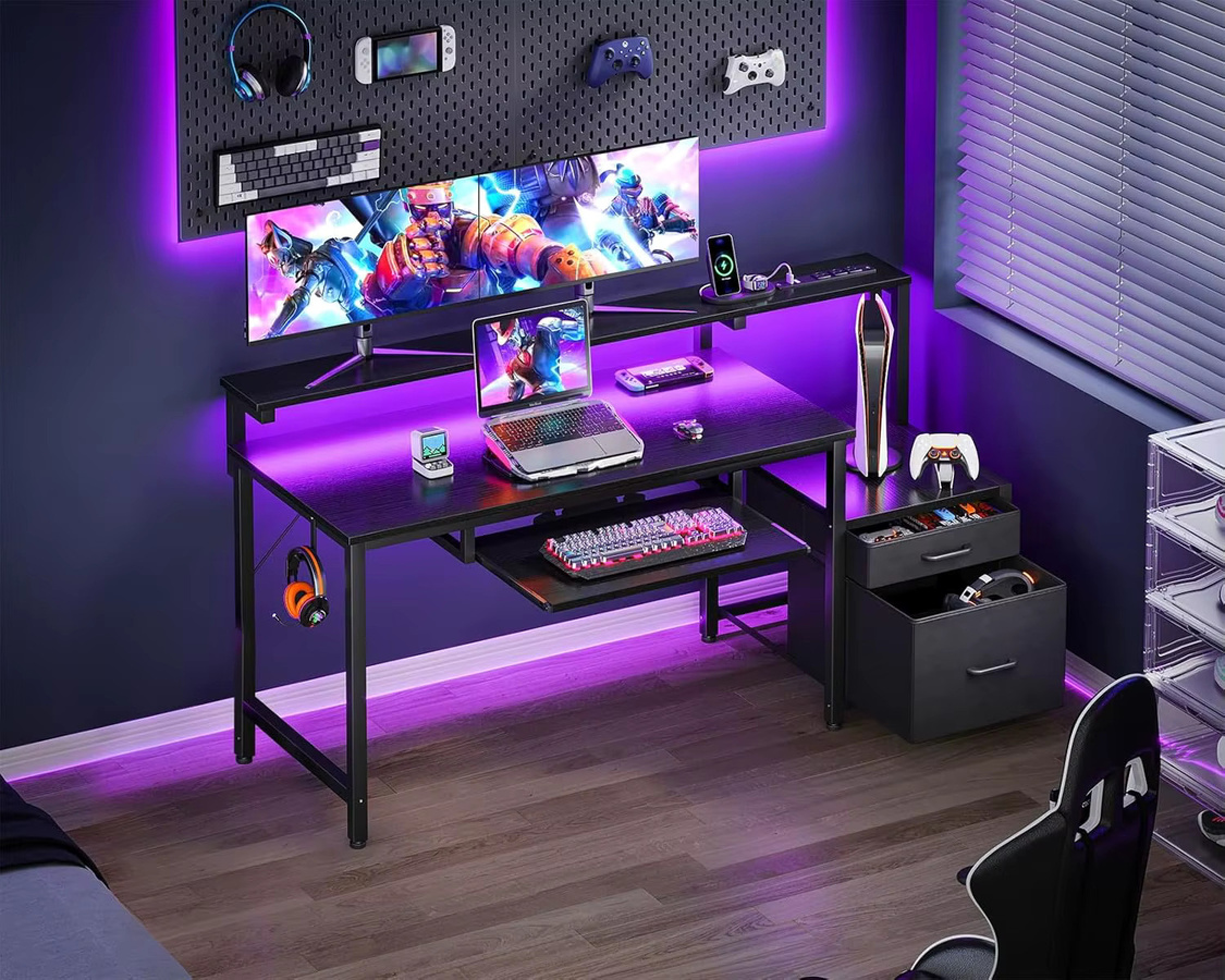 Coleshome Gaming Schreibtisch mit Steckdose und 2 Stoff Schubladen, Computertisch mit Monitorständer, Reversibel, Schwarz, Breite: 140 cm, Tiefe: 48 cm - Bild 1