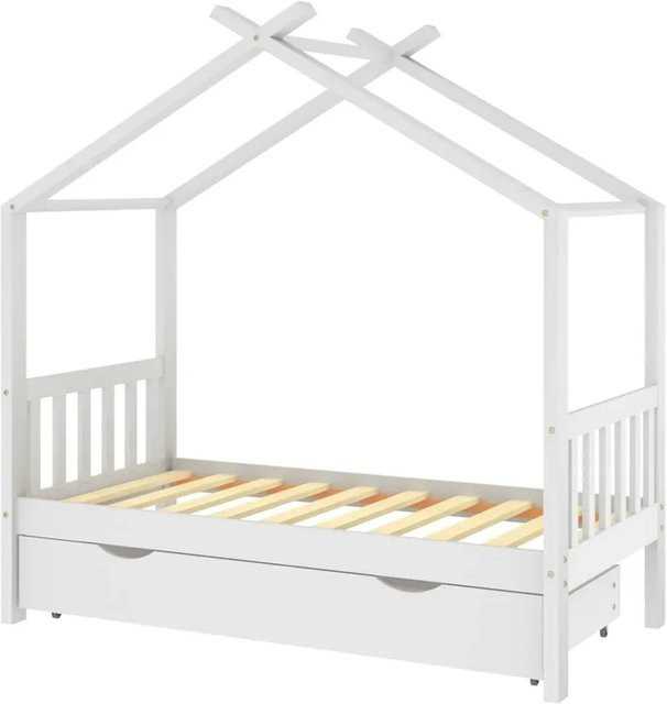 vidaXL Kinderbett im Baumhaus-Stil aus massivem Kiefernholz mit Schublade, Weiß, B: 80 cm, T: 160 cm, H: 190 cm - Bild 1