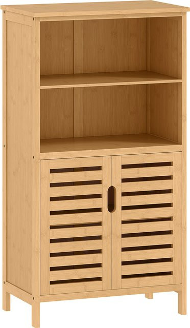 kleankin Badezimmerschrank aus Bambus im Landhausstil mit Lamellentüren und Kippschutz, Mehrzweckunterschrank in Braun und Beige - Bild 1
