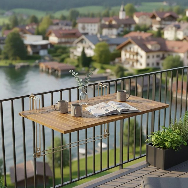 Bessagi Garden Balkontisch Helena aus Akazie und Metall in Braun und Gold, B/T/H: 80 x 35 x 40 cm - Bild 1