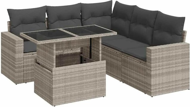 vidaXL 6-teilige Garten-Sofagarnitur in L-Form aus Poly Rattan mit Kissen und Couchtisch, Hellgrau - Bild 1