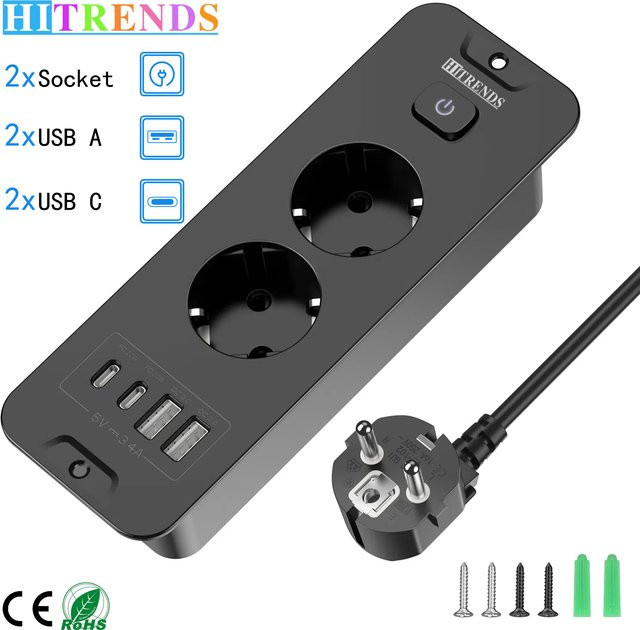 HITRENDS Desktop-Einbau-Steckdosenleiste mit 2/3 AC-Steckdosen, 2 USB-Anschlüssen und 2 USB-Typ-C-Ladeadaptern, 2m Verlängerungskabel, Weiß oder Schwarz - Bild 1