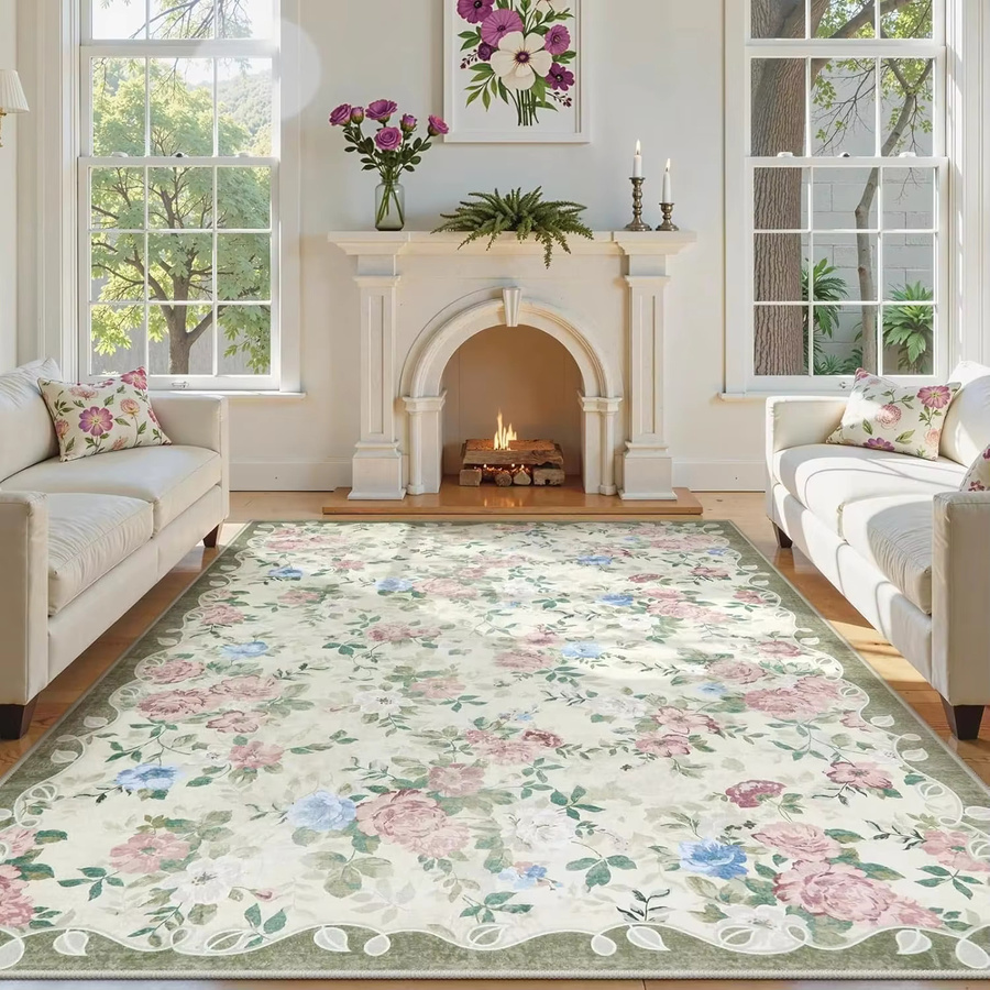 VIKAMA Vintage-Blumenteppich in Multicolour, schmutzabweisend und maschinenwaschbar, rechteckiger Teppich für Wohnzimmer und Schlafzimmer - Bild 1
