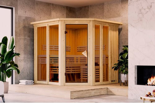 KARIBU Sauna Riisa für 4 Personen aus nordischem Fichtenholz in Beige, B/T/H: 210 x 210 x 202 cm - Bild 1