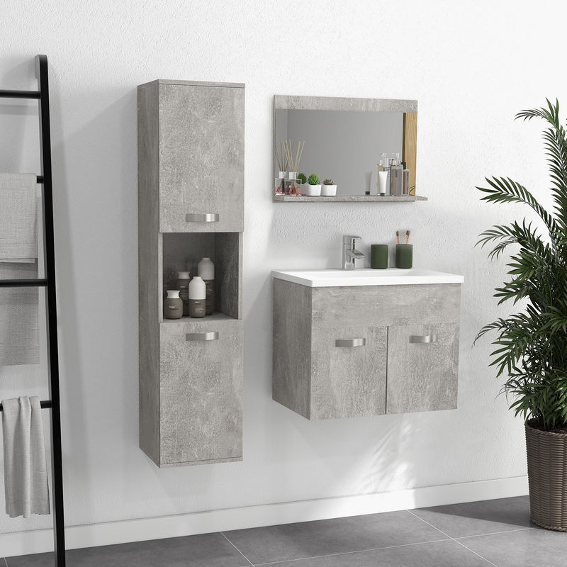 Kleankin 3-teiliges Badezimmermöbel-Set in Grau, modernes Waschtischmöbel mit Spiegelregal, Waschbeckenmöbel und wandmontierter Badschranksäule aus MDF, matt - Bild 2