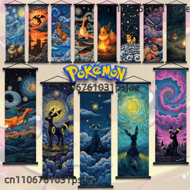 RoomMates Wandbild Sternennacht Pokémon Glurak Umbreon Evoli auf weißer Leinwand - Bild 1