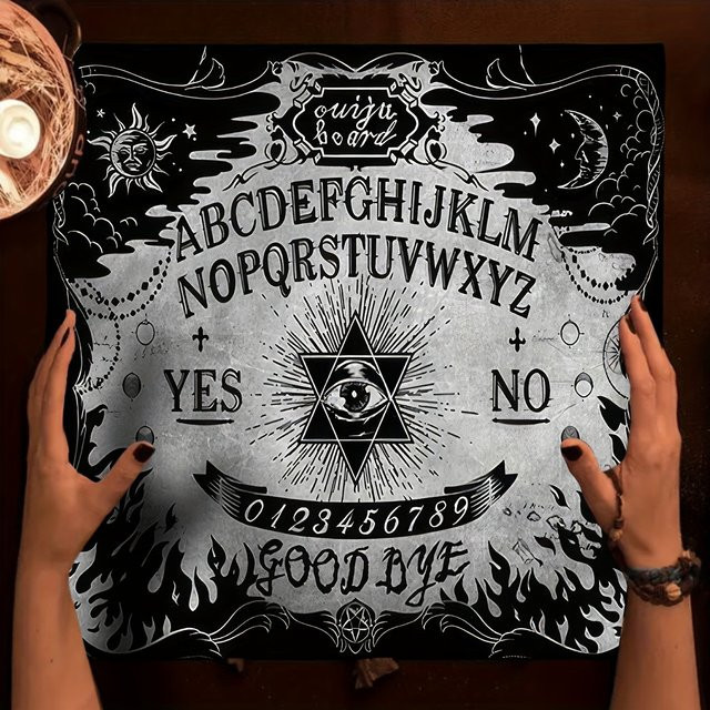 VIKAMA Tischdecke Ouija-Brett-Design in Schwarz-Weiß für Halloween und Wahrsagerei-Partys - Bild 1