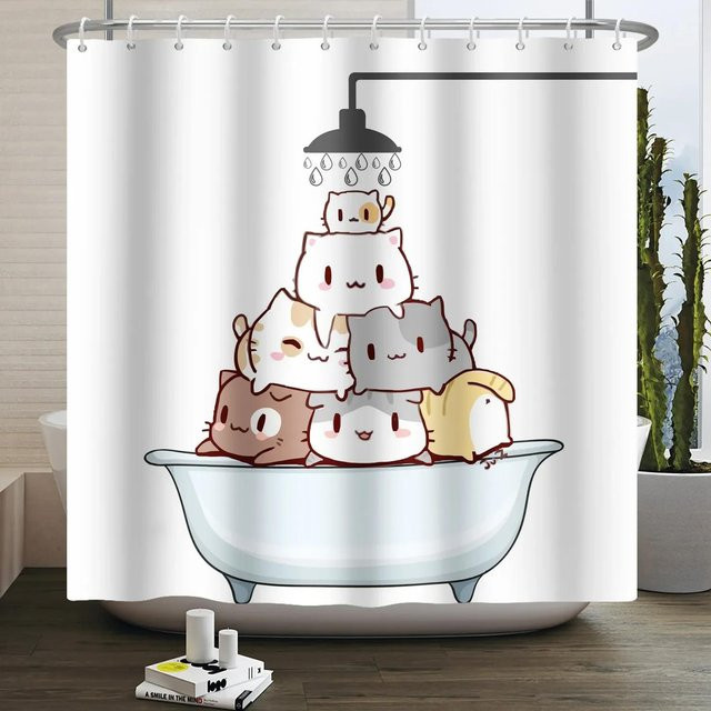 Wasserdichter Duschvorhang mit lustigem Katzen- und Hundemotiv aus Polyester für Kinder, Mehrfarbig, B x H: 180 x 180 cm - Bild 1