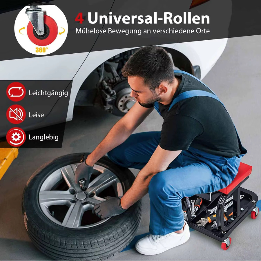 GOFLAME Werkstattsessel mit Rollen und Regal in Rot, Belastbarkeit 150 kg, B/T/H: 38,0 x 36,0 cm - Bild 3