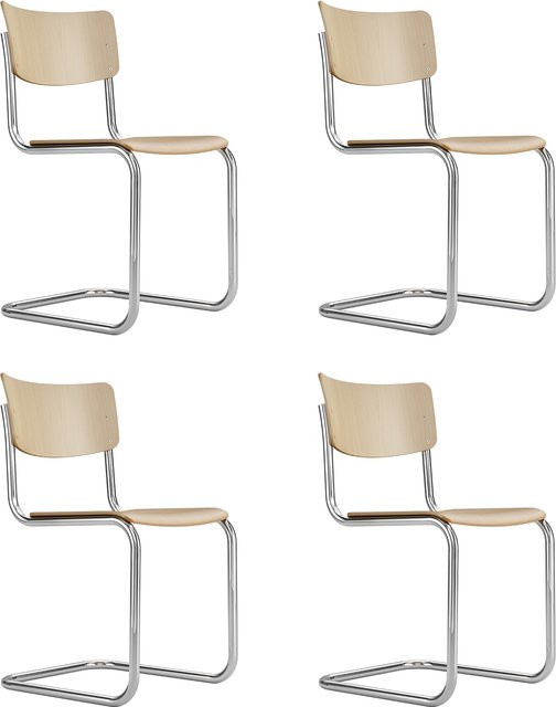 Thonet 4er Set S 43 Freischwinger mit braunem Rohrgeflecht aus Buche und verchromten Rundrohren - Bild 1