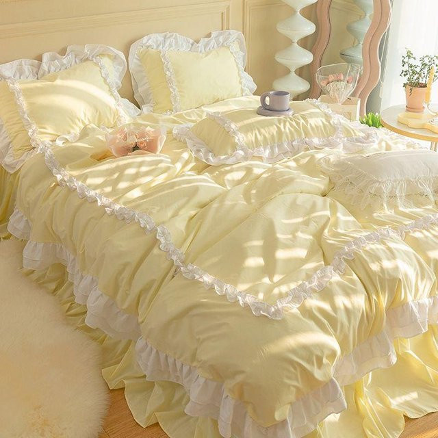 Bin Chi Textiles Koreanische Prinzessinnen Bettwäsche Set in Gelb mit Rüschenspitze, 4-teilig für 2,0m Bett - Bild 1