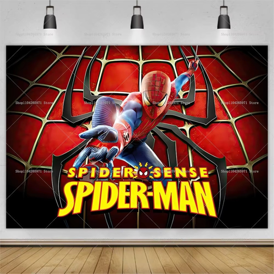 Marvel Spider-Man Happy Birthday Fotohintergrund mit Cartoon-Superhelden-Illustration, Banner für Kindergeburtstage, Breite: 150 cm, Höhe: 100 cm - Bild 1