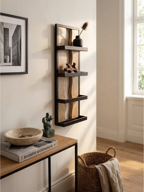 Wandregal KADIMA DESIGN aus Mango Massivholz und Metall im Industrial Stil mit Wellenmuster, Braun, B/T/H: 80 x 30 x 10 cm - Bild 1