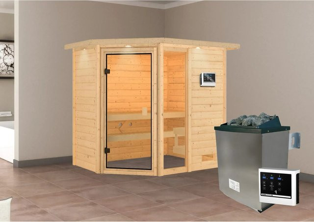 Karibu Massivholzsauna Jada in Natur mit 9.0 kW Ofen, externem Steuergerät und LED-Dachkranz, B/T/H: 224 x 16 x 1.91 m - Bild 1