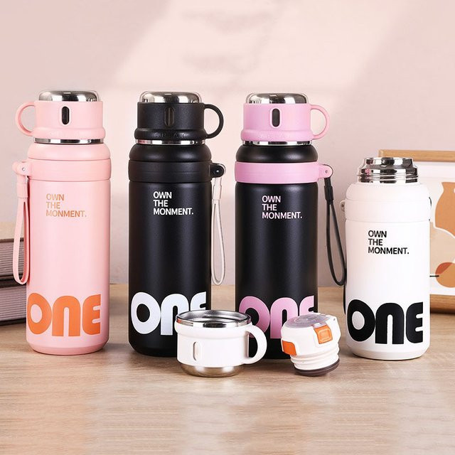 Feeyue Thermoskanne aus Edelstahl 316 in Pink mit doppeltem Trinkbecher und Griff, 800 ml - Bild 1