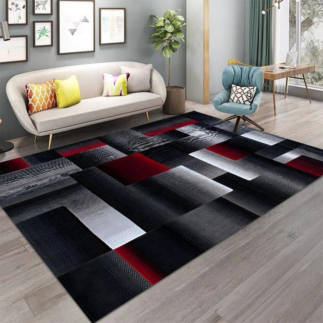 Miniso Teppich in modernem nordischem Stil mit abstraktem geometrischem Design, rutschfest und waschbar, Farbe: Schwarz, B/T: 120 x 160 cm - Bild 1